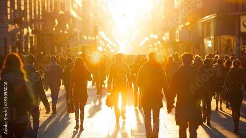 A group of people walking down a street in the sunlight, AI
