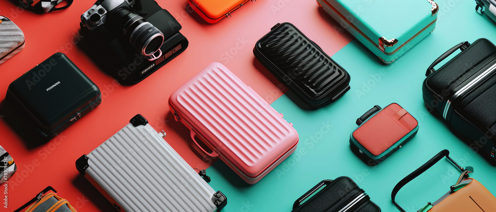 Traveling flat lay mockup with suitcases, luggages, accessorize for trips. Top view. Vacation, travel, adventure tourism leisure concept. Generative ai Traveling flat lay mockup with suitcases, luggages, accessorize for trips. Top view. Vacation, travel, adventure tourism leisure concept. Generative ai