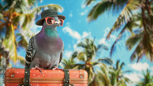 A pigeon in glasses and hat with a suitcase on holiday by the palm trees. Travel concept, holiday, trip