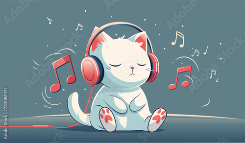 Cute white cat listens to music on headphones. Cat is a music lover. Cartoon logo. Vector illustration