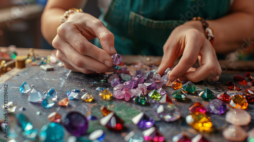 Close-up of gemstones with a jeweller examining the multi-coloured jewels photo