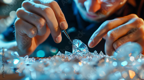 Close-up of a gemstone with a jeweller examining the diamond