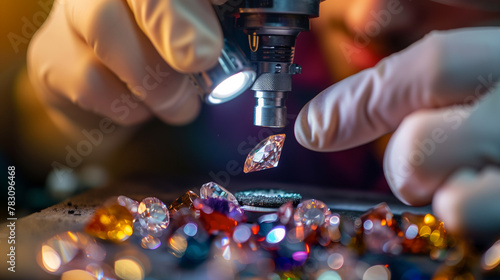 Close-up of a gemstone with a jeweller examining a diamond with a torch under a magnifying glass photo