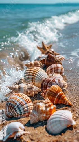 A group of shells are lined up on the beach, AI