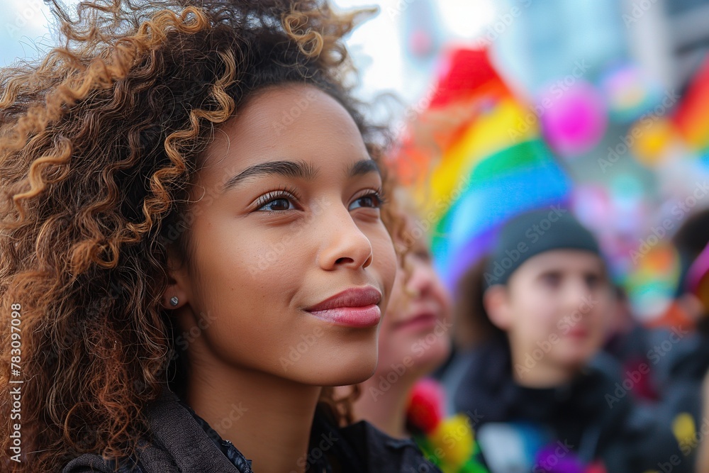 portrait of black bisexual woman in a crowd of people at street LGBT parade pride in summer festival portrait of black bisexual woman in a crowd of people at street LGBT parade pride in summer festival
