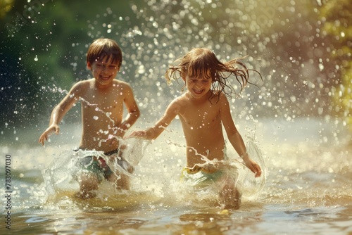 Kids Playing and Splashing in Water on a Hot Summer Day