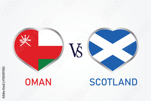 Oman Vs Scotland, Cricket Match concept with creative illustration of participant countries flag Batsman and Hearts isolated on white background