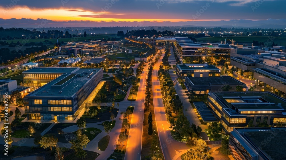 Fototapeta premium Aerial view of biotech industrial park at dusk, lights illuminating the path to innovation, future of healthcare ar 52