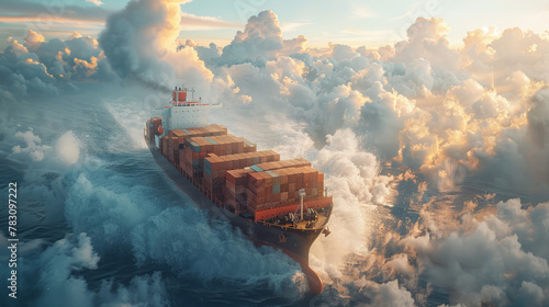 close shot of container ship is flying in air with clouds like sea waves " ai genarated "