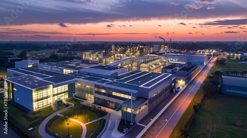 Aerial view of biotech industrial park at dusk, lights illuminating the path to innovation, future of healthcare ar 52