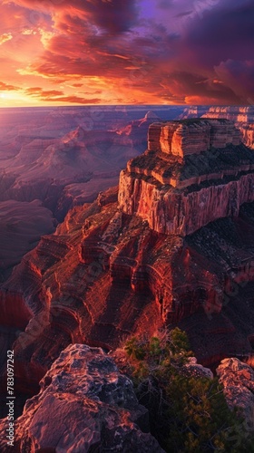 The last rays of the sunset paint the towering cliffs of Grand Canyon National Park in a palette of fiery oranges and deep purples
