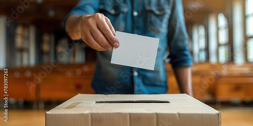 Persona sujetando un papel blanco con su mano derecha, volcando su voto en la urna electoral o cajón de cartón, derecho a decidir, libremente, sobre cualquier tema, emitir una opinión, en un auditorio photo