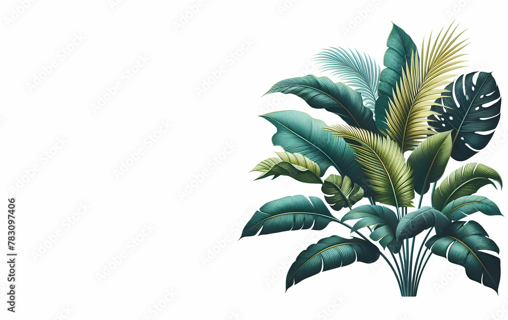 Tropical leaves foliage plant bush floral arrangemen on white background created with generative AI