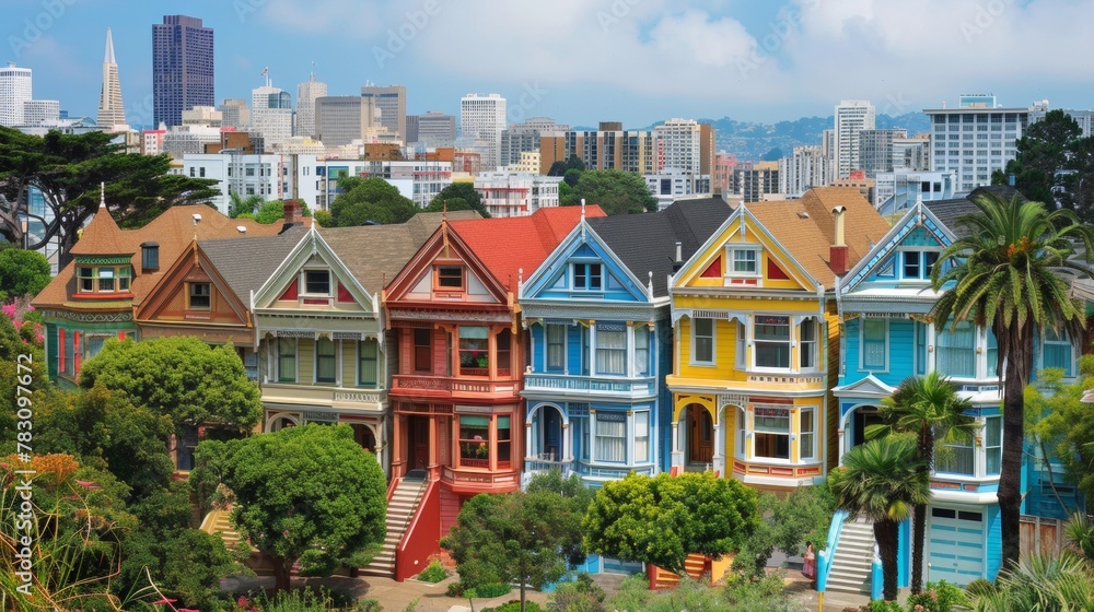 A row of colorful houses sit on a hillside in san francisco, AI A row of colorful houses sit on a hillside in san francisco, AI
