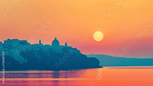 Golden sunlight bathes the iconic Santorini skyline creating a silhouette against a gradient sky infused with vibrant hues of orange and pink