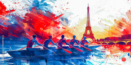The Olympic Games in Paris France 2024. Swimmers, kayakers, members of a large sports team with paddles in a professional boat against the background of the Eiffel Tower. Illustration.