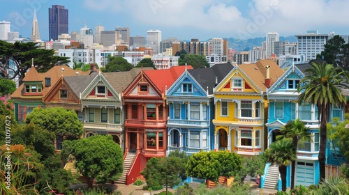 A row of colorful houses sit on a hillside in san francisco, AI