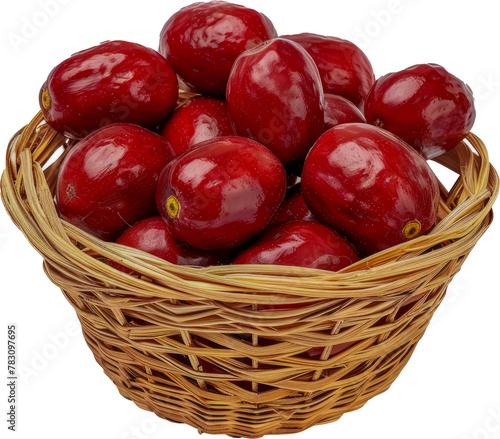 Juicy jujube in a rustic wicker basket cut out png on transparent background