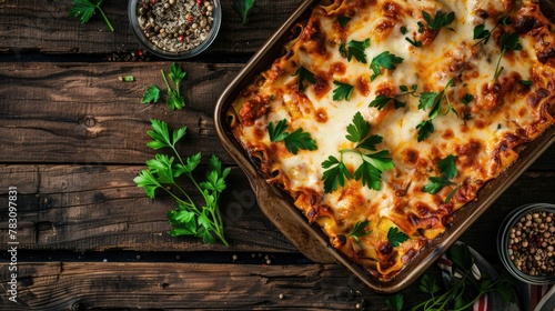 Cheesy Lasagna in Baking Dish Topped with Fresh Parsley