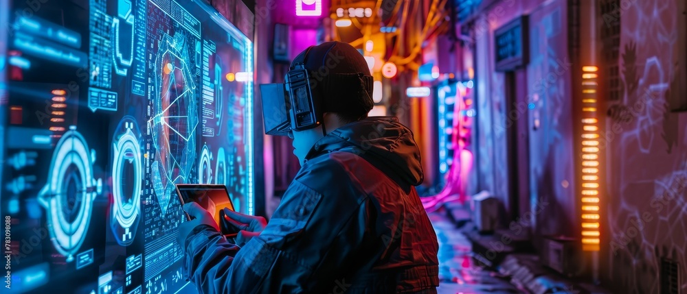 Cyber warrior in a neonlit alley, strategizing on a holographic map, planning defense against virtual threats