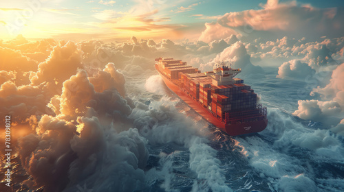 close shot of container ship is flying in air with clouds like sea waves  