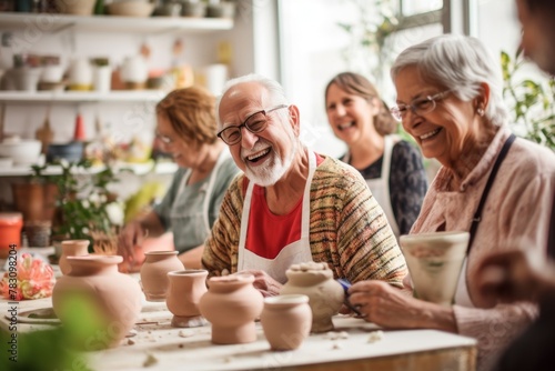 Senior friends laughing and enjoying a pottery class together, creating handmade ceramics, hobbies, community, learning, creativity, enjoyment