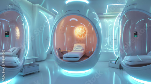Futuristic healing pods using nanotechnology and AI to customize treatments, blending ancient healing wisdom with modern science