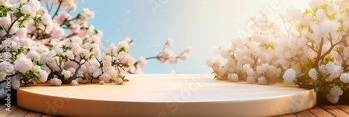 Empty wooden platform podium for product presentation and spring blooming tree branch with white flowers on the background. Generative AI photo