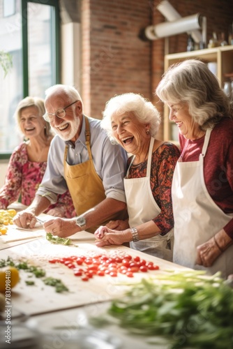 Group of joyful seniors enjoying a cooking class together  laughing and preparing fresh ingredients  natural light  vertical Concept  Senior activity  cooking class  healthy lifestyle  joy  community