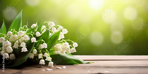 Spring background. White lily of the valley flowers on the background of a wooden table. Generative AI photo