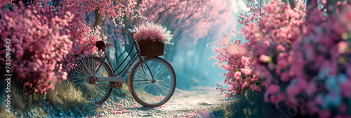 Bike Ride in Bloom: Picture a scene where a bicycle with a basket filled with flowers is riding along a path surrounded by flowers. Generative AI photo