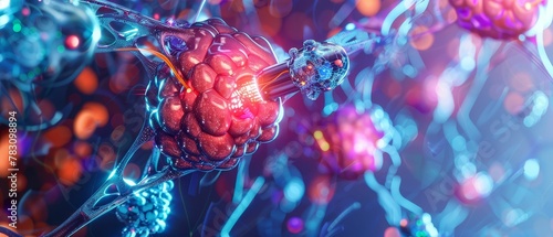 Ultracloseup of nanobots repairing damaged human cells, vivid colors highlighting the futuristic healing process