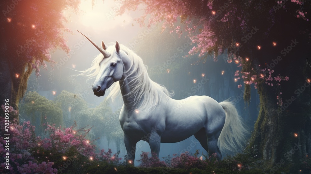 Majestic Unicorn in Enchanted Forest with Blooming Flowers