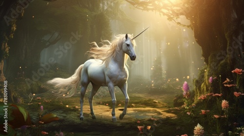 Majestic Unicorn in Enchanted Forest Sunshine
