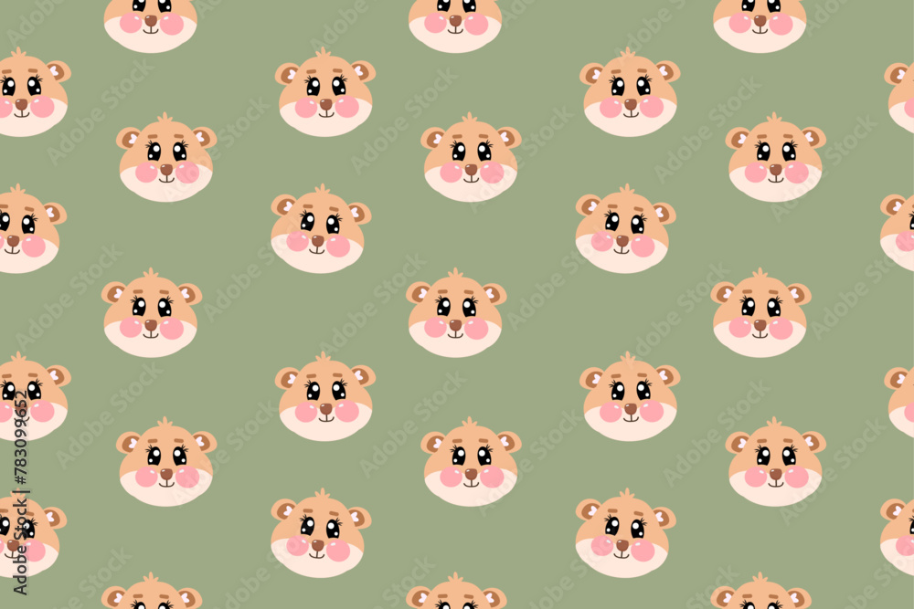 Seamless pattern with flat kawaii cute hamster face, head for kids, children isolated on green background Seamless pattern with flat kawaii cute hamster face, head for kids, children isolated on green background