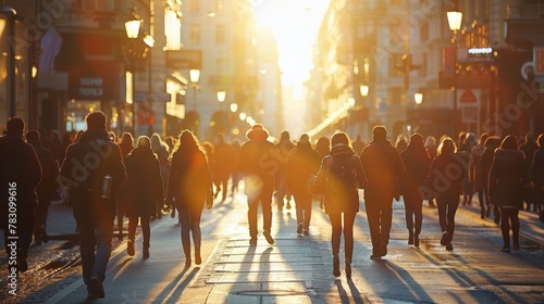 A group of people walking down a street in the city, AI