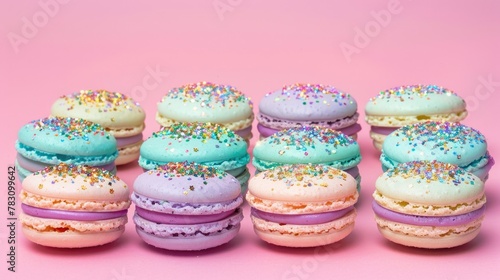 Colorful Glitter Macarons on a Shimmering Background