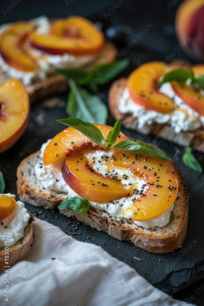 Fresh Peach Basil Ricotta Toasts on Dark Surface Fresh Peach Basil Ricotta Toasts on Dark Surface