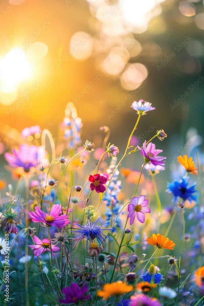 Vibrant Wildflowers at Sunset in a Serene Meadow