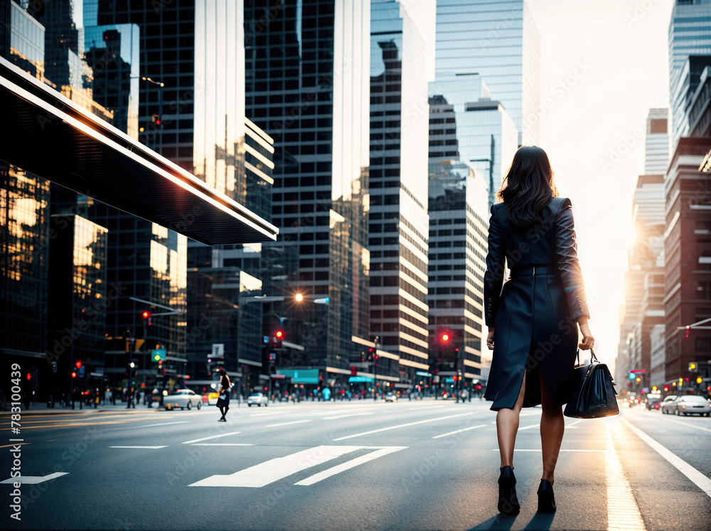 A woman in a business suit walking down a city street with tall buildings in the background.