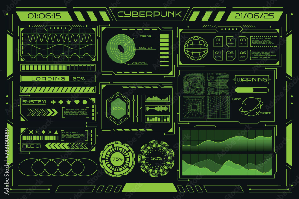 Retro cyberpunk. Abstract poster. Neon grid graphic design. 3D HUD chart icon. Modern techno rave background. Green line frame. World sphere. Data infographic. Digital typography. Vector garish set - obrazy, fototapety, plakaty 