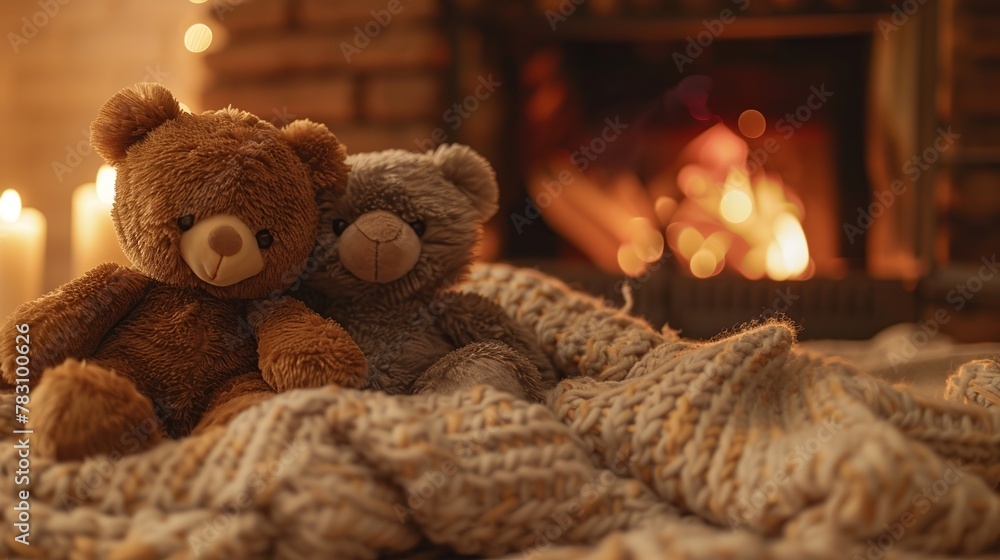 In a heartwarming setting, two teddy bears cuddle under a knitted blanket by the fireside, a perfect illustration of warmth and friendship, ideal for homey scenes, children's themes In a heartwarming setting, two teddy bears cuddle under a knitted blanket by the fireside, a perfect illustration of warmth and friendship, ideal for homey scenes, children's themes