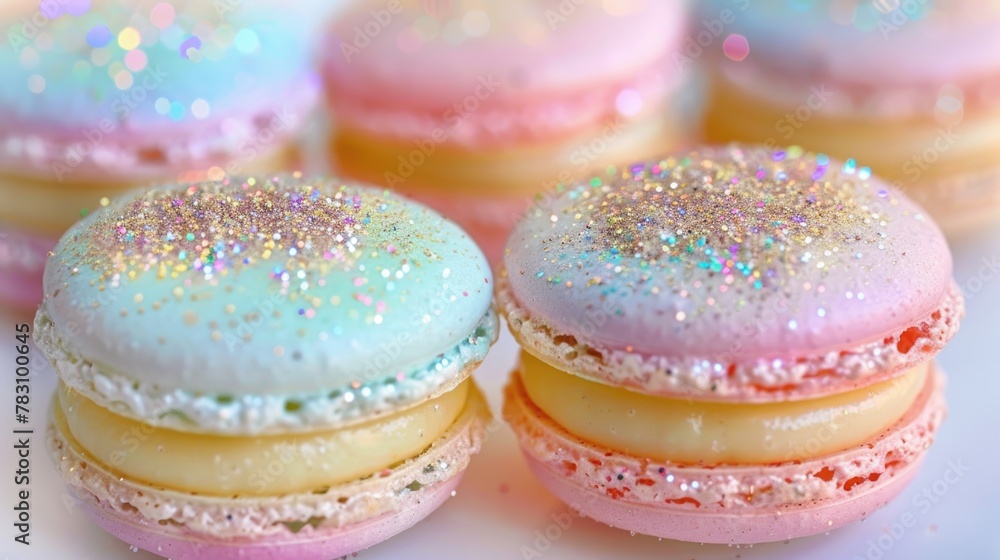 Colorful Glitter Macarons on a Shimmering Background Colorful Glitter Macarons on a Shimmering Background