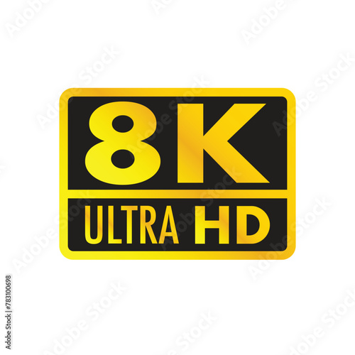 8K ULTRA HD. Presentation plate in gold color, information icon for TVs on a white background.