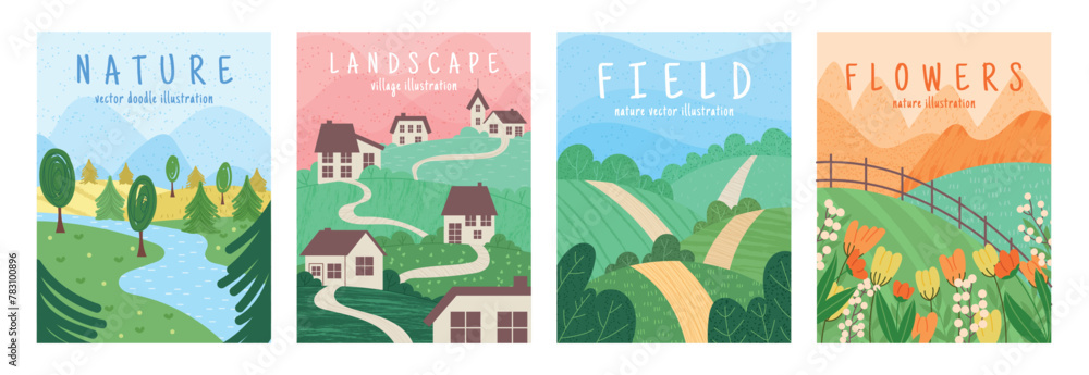 Flower background. Forest village, mountain abstract background. Spring poster, tree, geometric park texture. Watercolor plant, house farm, field summer. Countryside scenery. Vector garish flat set
