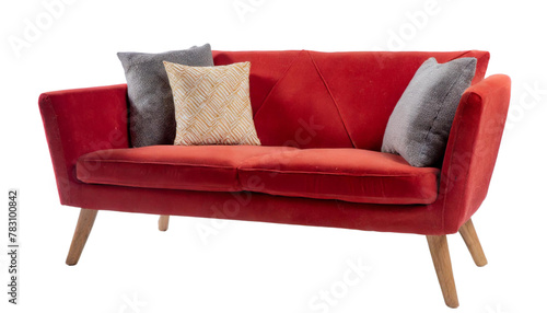 A staple food in the world of comfort, a red couch with wooden legs on a white background 