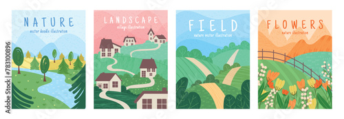 Flower background. Forest village, mountain abstract background. Spring poster, tree, geometric park texture. Watercolor plant, house farm, field summer. Countryside scenery. Vector garish flat set