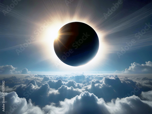 A solar eclipse can be seen in a blue sky, the sun can be seen through a telescope- Generative AI photo
