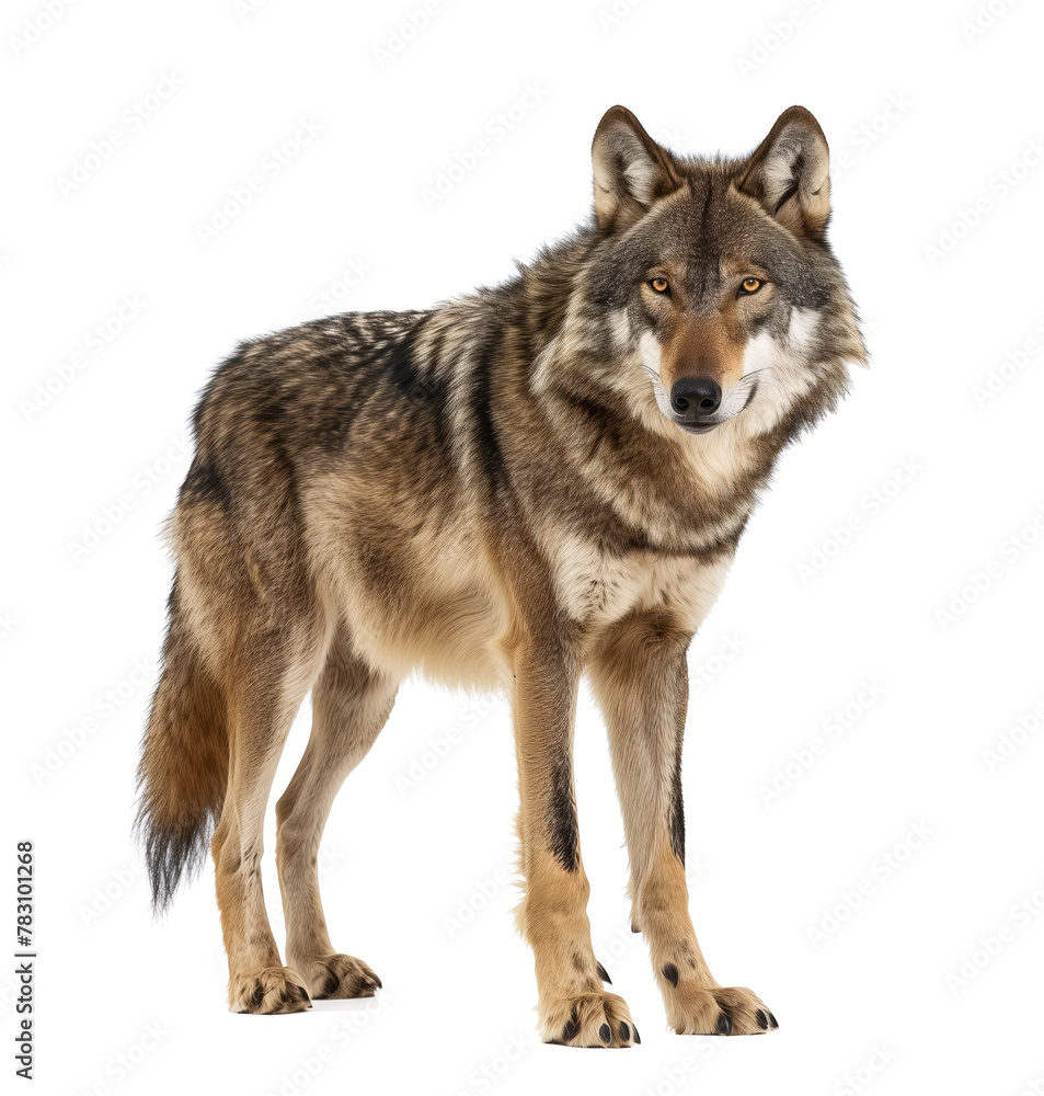 Standing Wolf with Intense Gaze on White
