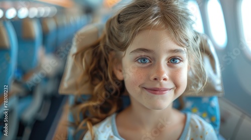 Smiling Young Girl Traveling on Airplane. International Children's Day